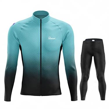 Imagem de Conjunto de camisa de ciclismo quente masculino de inverno térmico de lã para bicicleta ao ar livre manga longa 3D acolchoado babador calças para corrida de corrida, azul, M (172 cm/65 kg)