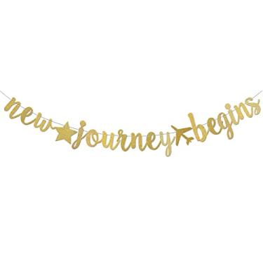 Imagem de New Journey Begin Banner / Placa de festa de aposentadoria engraçada com glitter dourado pré-amarrado / Decorações de festa para colega de trabalho