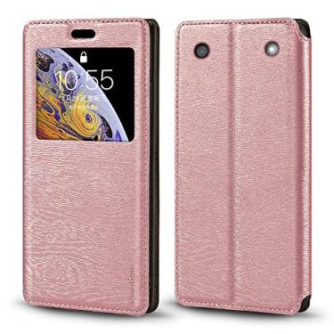Imagem de Capa curva para BlackBerry 9320, capa de couro de grão de madeira com suporte para cartão e janela, capa magnética para BlackBerry 9320 Curve (6,2 cm) ouro rosa