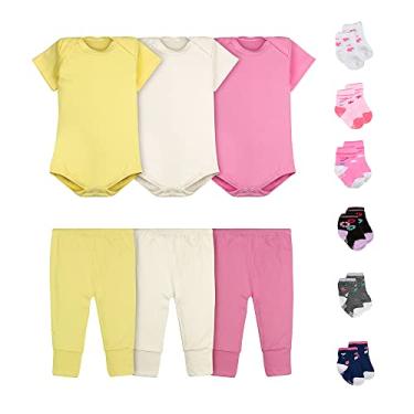 Imagem de Kit 12 Peças Body Bebê Menina Manga Curta Calça Mijão e Meias Tamanho:M;Cor:Rosa