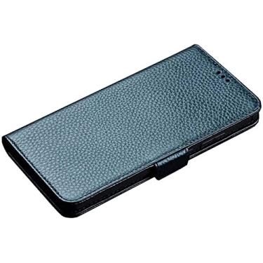 Imagem de KAPPDE Capa de telefone carteira de couro magnético, capa fólio magnética com padrão de lichia para Apple iPhone 13 Pro Max (2021) [Suporte de cartão] [Suporte] (Cor: ciano)