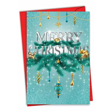 Imagem de The Best Card Company – Cartão comemorativo de Natal com envelope (4,63 x 6,75 polegadas) – mostrando decorações brilhantes em ouro e verde C2945CXSG