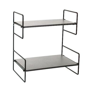 Imagem de Prateleira Decorativa Retangular Desigual Dupla Nord, Cor Preto Microtextura com Madeira Preta, Metaltru