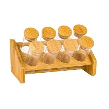 Imagem de Jogo 8 Porta Condimentos de Vidro C/Tampa e Suporte Bambu