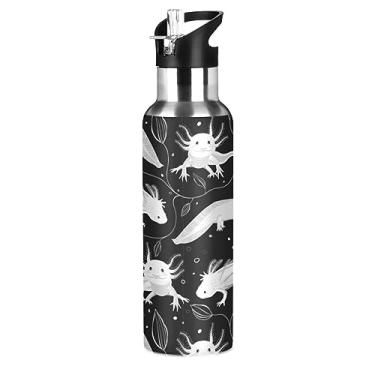 Imagem de Axolotls de natação brancos sem costura, folhas de algas em garrafa de água de aço inoxidável escuro, à prova de vazamento caneca de viagem com isolamento a frio, parede dupla com alça garrafa térmica de 590 ml