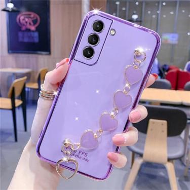 Imagem de Coração corrente de pulso caso telefone para samsung galaxy a13 a32 a53 a73 a30 a53 a11 a31 a71 a52 a72 a21s s21 chapeamento capa pára-choques, roxo, para a51 4g