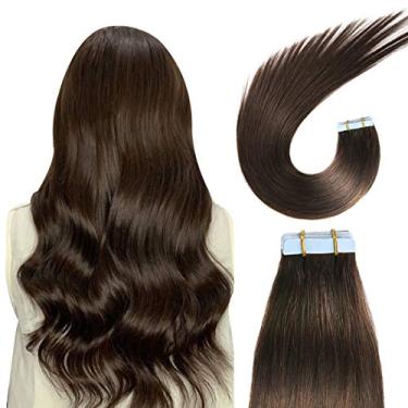 Imagem de SUYYA Extensões de cabelo humano com fita adesiva 100% cabelo humano Remy castanho escuro 50g/pacote 20 pçs fita de trama de pele lisa sem costura em extensões de cabelo humano (61 cm #2 marrom mais escuro)