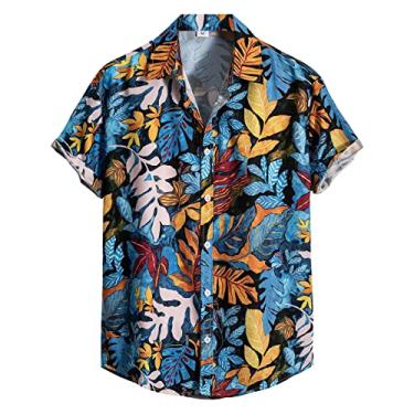 Imagem de Pacote de camiseta de bolso casual masculino solto lapela impressão cor contraste manga curta punho botão porta estilo floral N, Azul-marinho, P