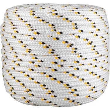 Imagem de Vonder, Corda Multifilamento Trançada 12,0 Mm X 110 M, Branca Com Detalhes Em Preto E Amarelo.