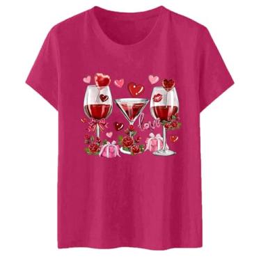 Imagem de Camisetas femininas estampadas para o Dia dos Namorados manga curta com estampa de taça de vinho, blusa, casual, grande, gola redonda, Rosa choque, P