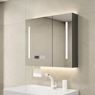 Imagem de Armário de espelho de banheiro, armários de banheiro montados na parede, armário de remédios sem moldura montado na parede de aço inoxidável, com 3 portas de espelho + interruptor de toque