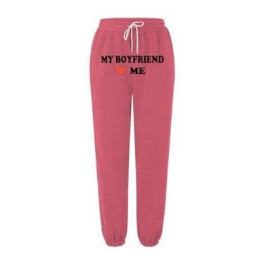Imagem de My Boyfriend Love Calças de moletom outono/inverno roupas para mulheres estampado bolso cintura elástica moletom de lã (rosa choque, G)