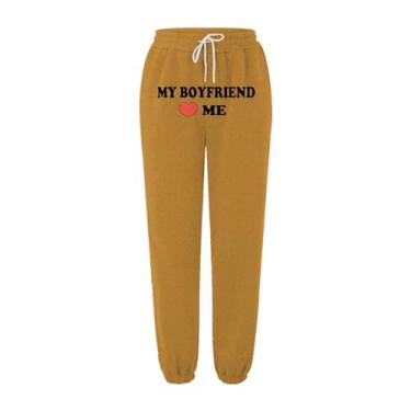 Imagem de My Boyfriend Love Calças de moletom outono/inverno roupas para mulheres estampado bolso cintura elástica moletom de lã (amarelo, GG)