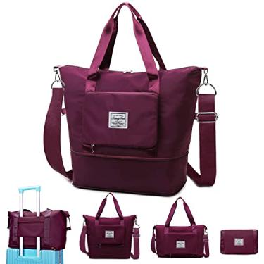 Imagem de Bolsa de viagem, bolsa de viagem para o fim de semana, bolsa feminina de transporte para aviões, bolsa esportiva de academia com manga de carrinho, Alça longa A - fúcsia, 1E+1 x 7 x 2 inches, Bolsa de