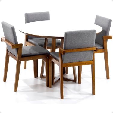 Imagem de Conjunto Mesa de Jantar Redonda Branca Lara Premium 120cm com 4 Cadeiras Estofadas Isabela - Cinza