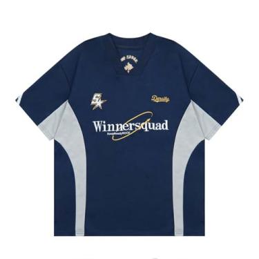 Imagem de VOLYMOON Camiseta masculina de corrida Speedway de cor contrastante unissex grande streetwear patchwork camiseta polo, Azul, GG