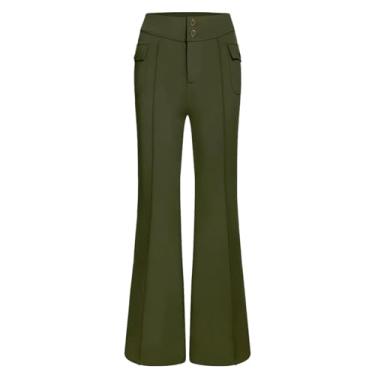 Imagem de Calça feminina flare pequena cintura alta calça jeans de algodão verão calça jeans leve para trabalho, Verde, G