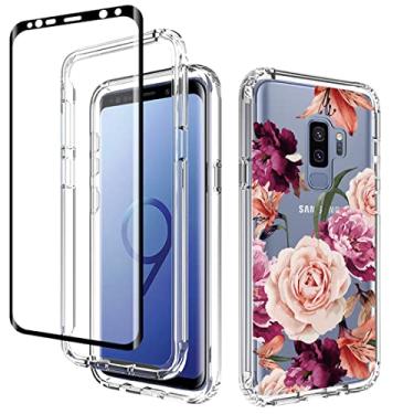 Imagem de Vavies Capa para Galaxy S9+, capa para Samsung S9 Plus G965U com protetor de tela de vidro temperado, capa de telefone transparente com proteção floral para Samsung Galaxy S9 Plus (flor roxa)