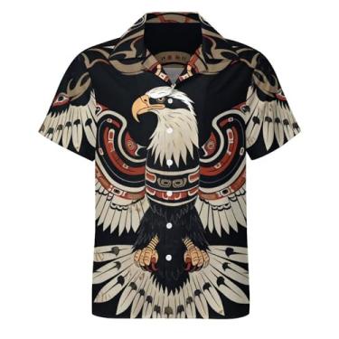 Imagem de Lontse Camisa masculina de manga curta com botão águia animal camisa casual praia camisas havaianas, Preto 2, GG