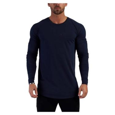 Imagem de Camisa esportiva masculina manga longa cor sólida camiseta atlética slim fit carta estampada camiseta de treino, Azul-escuro, M