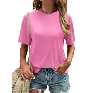 Imagem de ARTFREE Camisetas femininas grandes casuais de verão manga curta gola redonda básica, Vermelho rosa, M