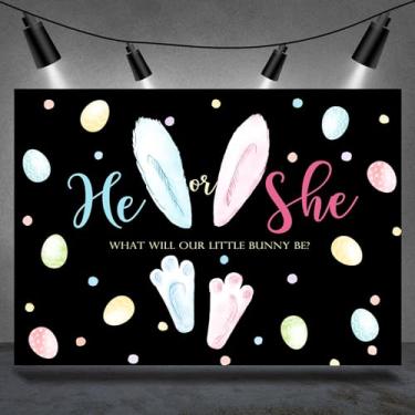 Imagem de Rsuuinu Pano de fundo revelador de gênero de coelhinho ele ou ela azul rosa What Will Our Little Bunny Be Fotografia Fundo Páscoa Coelho Ovos Recém-nascido Chá de Bebê Decoração Suprimentos Banner