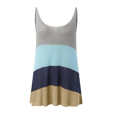 Imagem de Camiseta regata feminina de tricô de algodão sem manga gola redonda folgada túnica listrada ilhó para sair, Y1 - prata, G