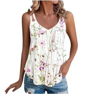 Imagem de Camiseta regata feminina com ilhós de verão 2024 estampa floral casual alças finas sem mangas gola V, Rosa choque, M