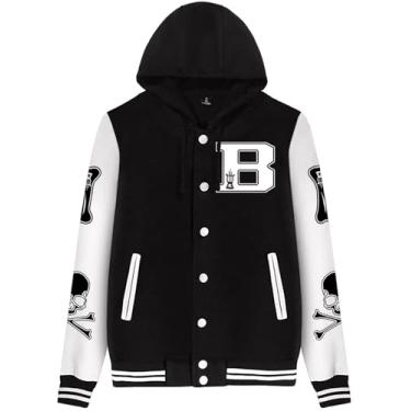 Imagem de babyhealthy Jaqueta feminina de beisebol universitária casual Letterman, jaqueta bomber com capuz, jaqueta corta-vento leve, 020 preto e capuz letra B, G