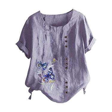 Imagem de Camiseta feminina de linho, borboleta, estampada, gola redonda, botão, manga curta, caimento solto, túnica, camisa de verão, Pp1, XXG