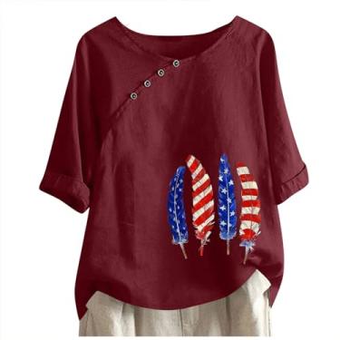Imagem de 4th of July Camiseta feminina de linho vermelha, branca e azul com estampa pluma camiseta de verão manga curta com botões blusa casual, Vermelho, P