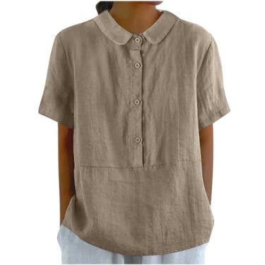 Imagem de PKDong Camisa de linho feminina gola Peter Pan blusa com abertura nas costas túnica casual ajuste solto camiseta tops de verão na moda, Caqui, M