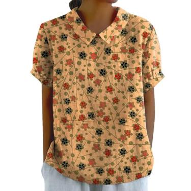 Imagem de PKDong Camisetas florais femininas com gola Peter Pan, gola e botão, abertura nas costas, casual, manga curta, Laranja, 3G