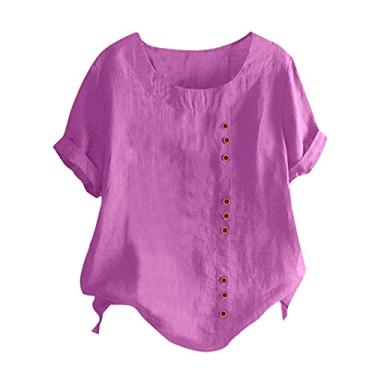 Imagem de Lainuyoah Camisetas femininas de verão 2024 modernas e elegantes plus size para treino 2024 blusas modernas de linho com gola redonda e botões, c - Roxo, GG