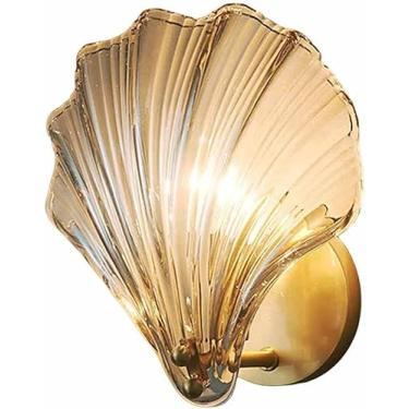 Imagem de Luminária de parede de vidro moderna com formato de concha para quarto, luminária de parede antiferrugem de ferro, arandela dourada, luminária de parede para banheiro, para sala de estar, co