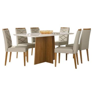 Imagem de Mesa de Jantar Anitta 160x90 cm com Vidro Ype Off White e 6 Cadeiras Caroline Ype Veludo Nude - New Ceval