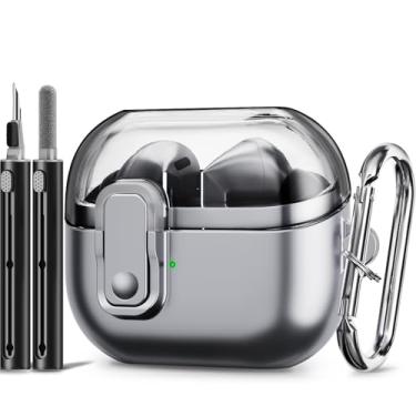 Imagem de Capa com trava de segurança para Galaxy Buds Pro 3/Galaxy Buds 3 com kit de limpeza para homens e mulheres, capa superior transparente antiamarelamento e capa inferior de tinta spray de metal para