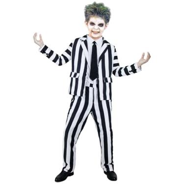 Imagem de Terno listrado preto e branco para crianças, fantasias assustadoras de Halloween para meninos dos anos 80, personagem de comédia, filme de terror cosplay com camisa branca gravata preta KF026XL