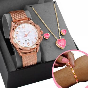 Imagem de Caixa + relogio feminino dourado prova dagua silicone + colar + pulsei