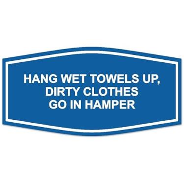 Imagem de Signs ByLITA Fancy Hang Wet Towels Up, Dirty Clothes Go In Hamper Sign - Letras gravadas a laser | Plástico ABS durável | Cores vibrantes | Fita de espuma poderosa (azul) - Pequena
