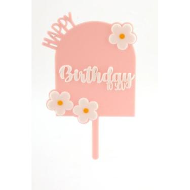 Imagem de Topo de Bolo Arco Margarida Happy Birthday Acrílico Rosa Bebê 13 x 22 
