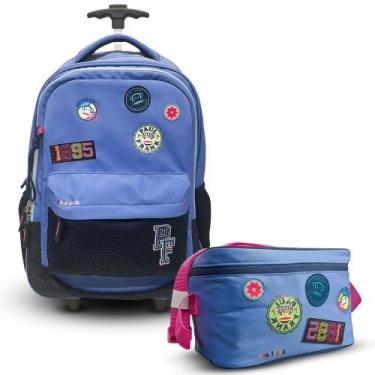 Imagem de Kit Mochila de Rodinhas 2 em 1 Lancheira Patches Paul Frank, Azul