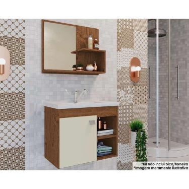 Imagem de Gabinete de Banheiro Balcão Suspenso Lótus/Bia c/ Cuba 55cm e Armário c/ Espelho Amendoa/Off White - MGM