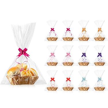 Imagem de Cesta oval de armazenamento de alimentos com 12 cestas vazias tecidas para presente com 60 laços coloridos e 30 sacos de presente transparentes para cozinha, restaurante (bege, 22 x 15 x 6 cm)