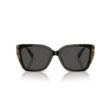 Imagem de Michael Kors Óculos de sol femininos retangulares Mk2199 Acadia, Duas camadas preto/âmbar tartaruga/cinza escuro sólido, 55 mm