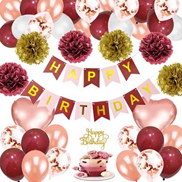 Imagem de FETETIJD Decorações de aniversário para mulheres, meninas, bordô, ouro rosa, balões de festa de aniversário, faixa de feliz aniversário, pompons de papel para 18, 21, 30, 40, 50 anos, artigos de festa