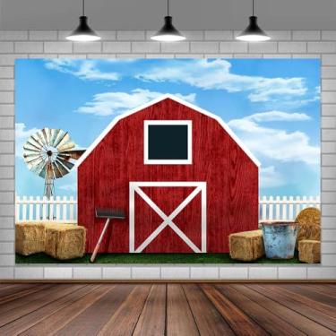Imagem de 2,1 x 1,5 m, celeiro vermelho, quinta, céu azul, fazenda, palheiro, tema de casa, decorações para chá de bebê, decoração de mesa de bolo, faixa de fundo de fotografia, adereços de estúdio
