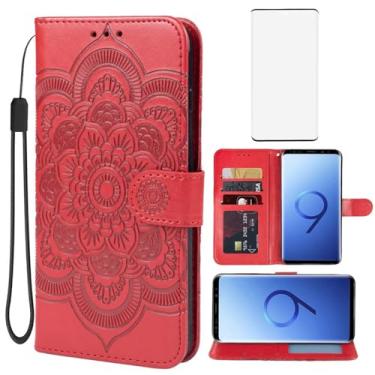 Imagem de Bohefo Capa carteira para Galaxy S9/Samsung S9 SM-G960U com protetor de tela de vidro temperado, capa flip de couro mandala em relevo com suporte para cartão de crédito para Samsung Galaxy S9 Vermelho