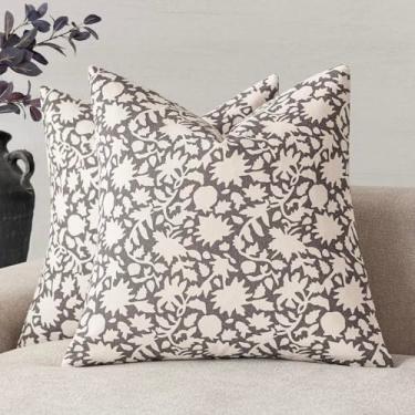 Imagem de Foindtower Conjunto de 2 capas de almofada decorativas com estampa floral neutra para casa de fazenda, boho vintage, para sofá, quarto, sala de estar, decoração de casa, ao ar livre, 61 x 61 cm, cinza