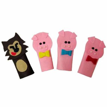 Imagem de Dedoche de feltro três porquinhos kit com 4 - BRINQUE E LEIA